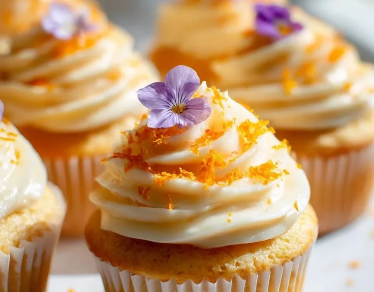 Delicious Orange Creamsicle Cupcakes topped with orange frosting.