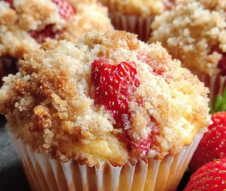 Delicious orange strawberry muffins topped with streusel, fresh and homemade.