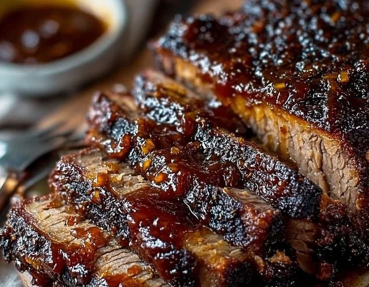 Oven-baked BBQ brisket served with sides and sauce on a wooden table