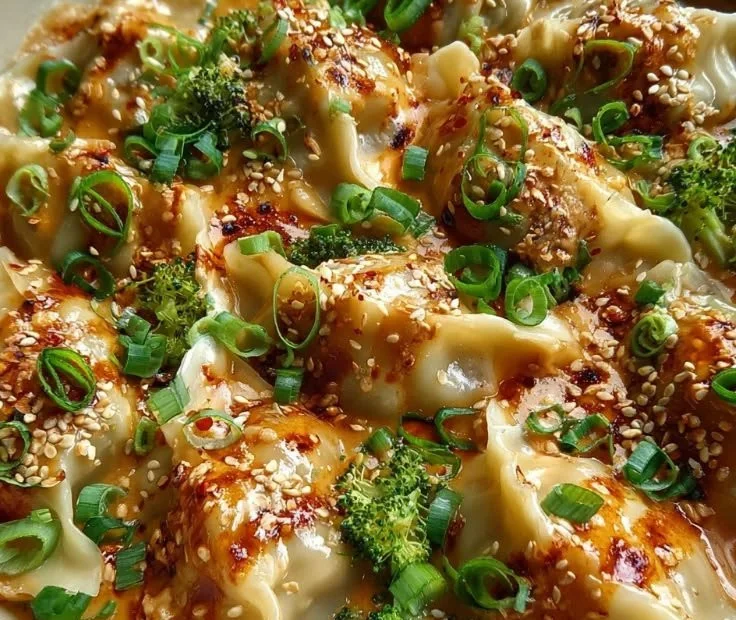 Oven-baked dumplings served with creamy peanut sauce