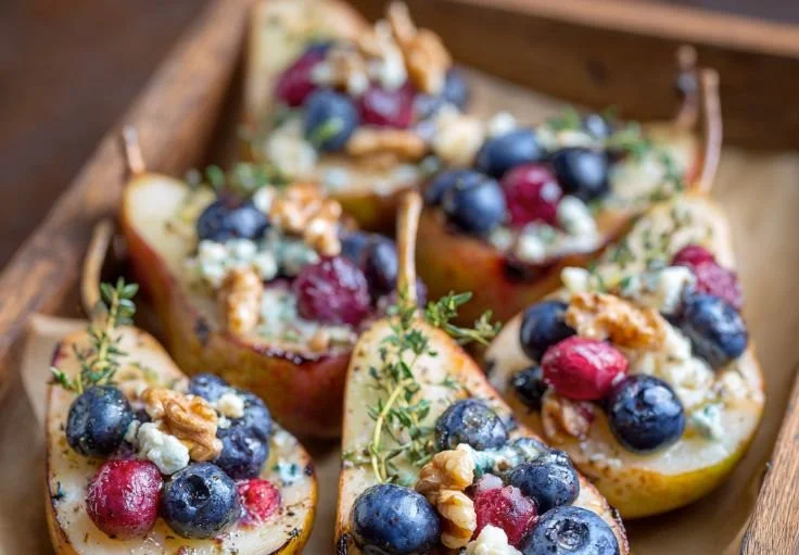 Oven-baked pears topped with fresh berries and honey on a plate