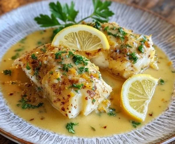 Pan-Seared Halibut with Lemon Beurre Blanc on a plate garnished with herbs