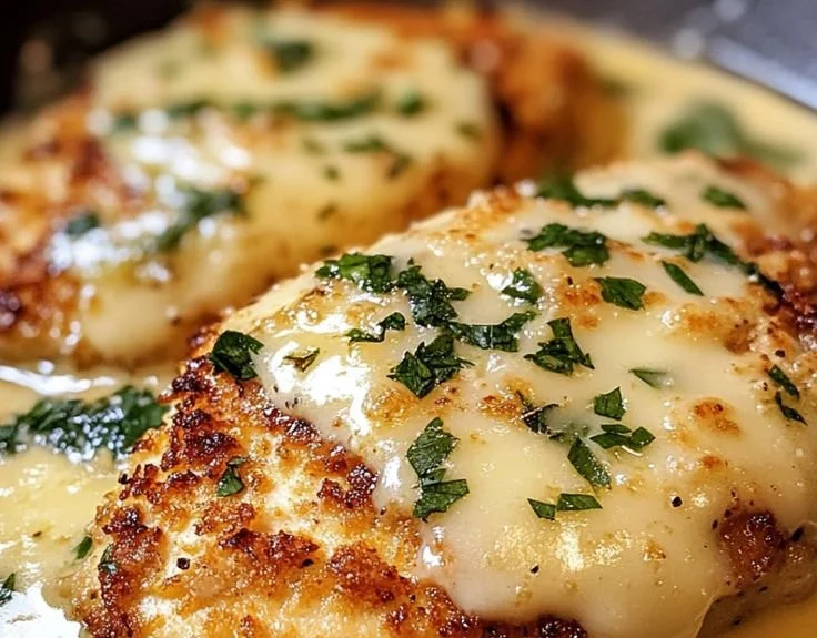 Delicious Parmesan chicken served with herbs and cheese for a delightful meal