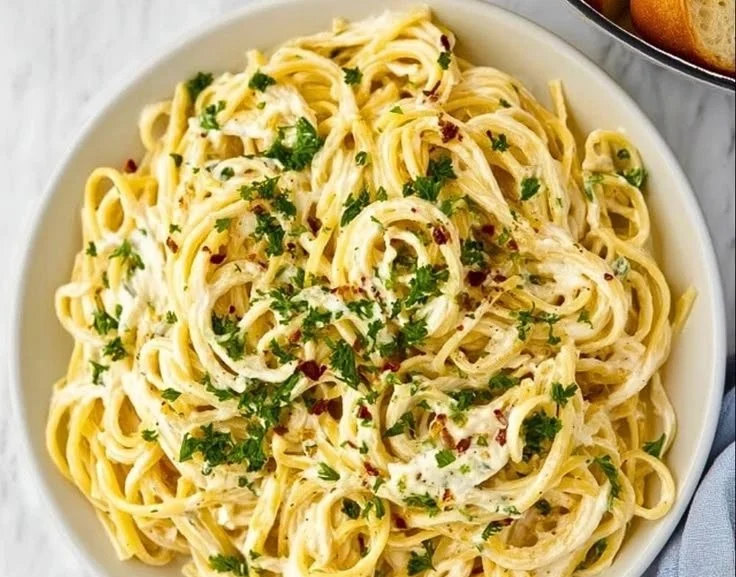Pasta in creamy cream cheese sauce served in a bowl