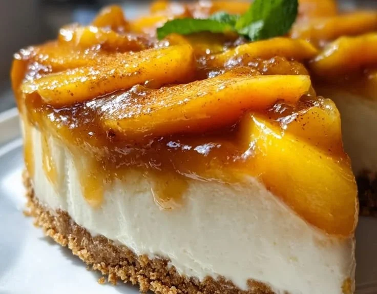 Delicious Peach Cobbler Cheesecake slice topped with fresh peaches