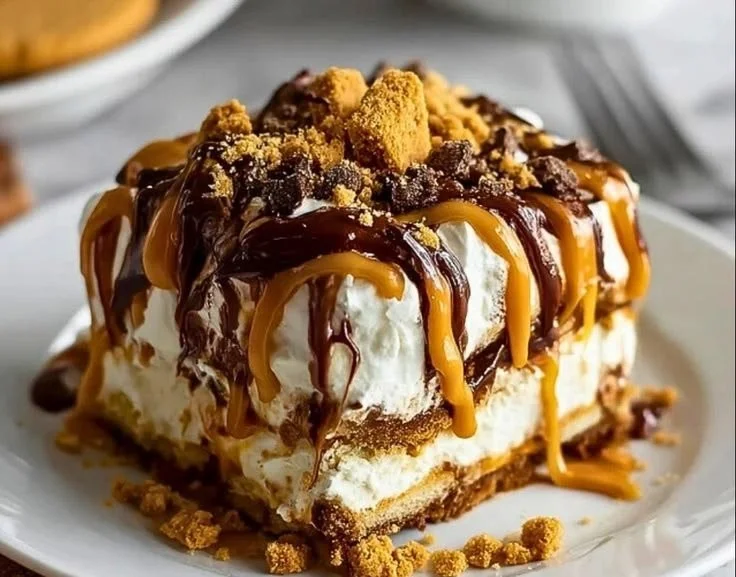 Delicious Peanut Butter Cookie Lasagna with layers of creamy goodness