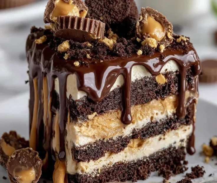 Peanut Butter Icebox Cake with layers of creamy peanut butter and chocolate