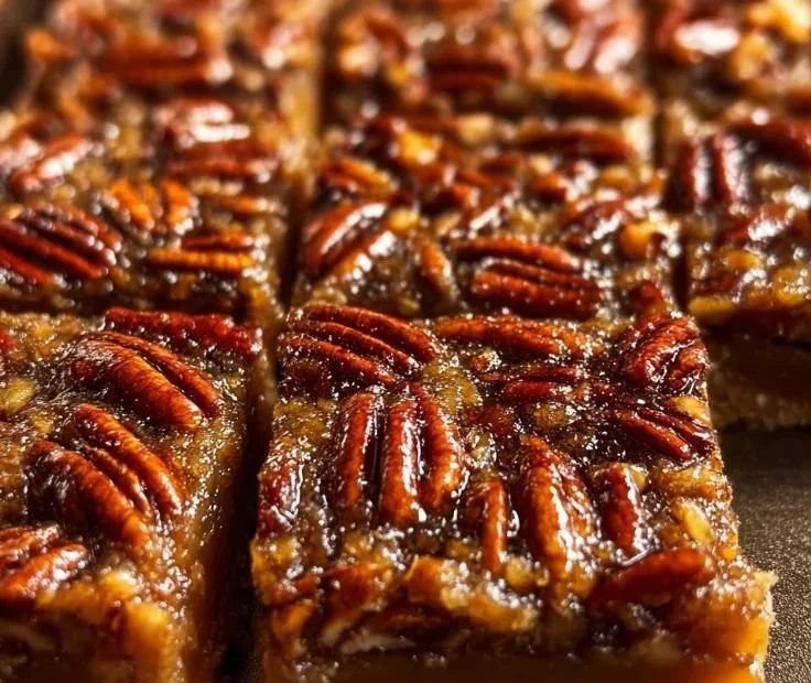 Delicious pecan pie bars ready to be served with a slice cut out.