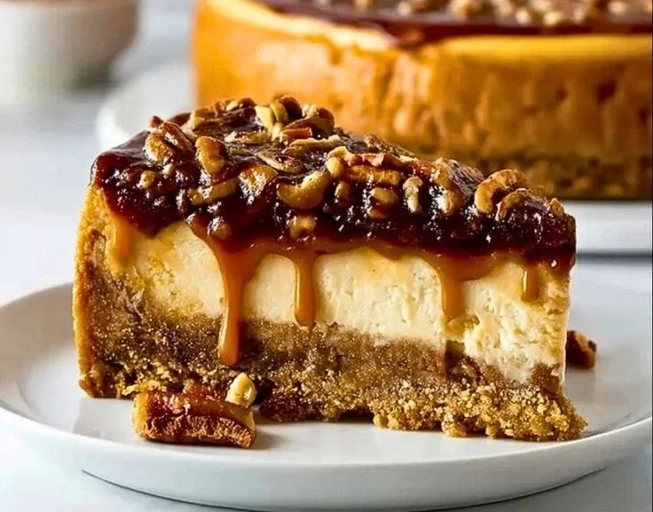 Delicious slice of Pecan Pie Cheesecake topped with pecans