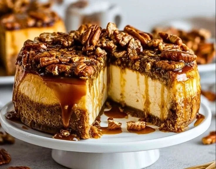 Delicious slice of pecan pie cheesecake topped with pecans.