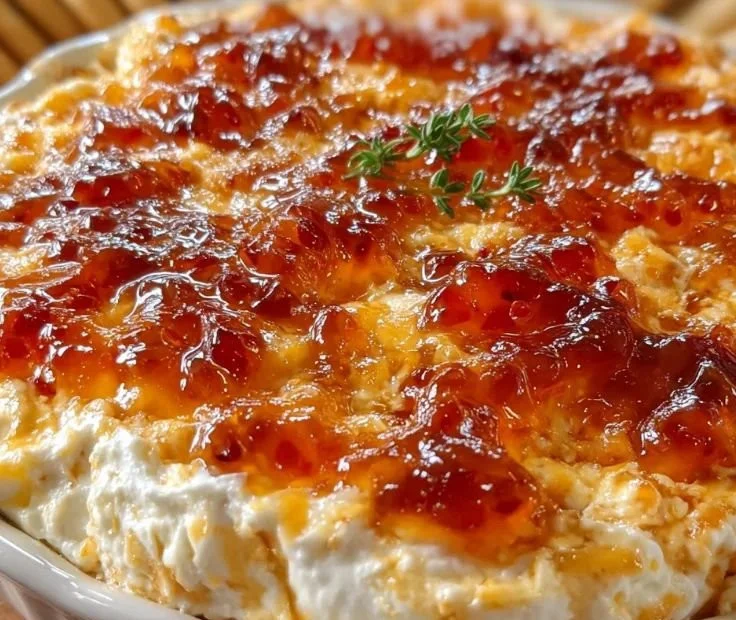 Creamy pepper jelly cheese dip served with crackers for a tasty snack
