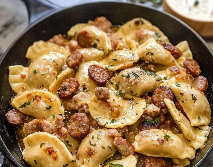 Delicious Perogies and Sausage Skillet served in a pan