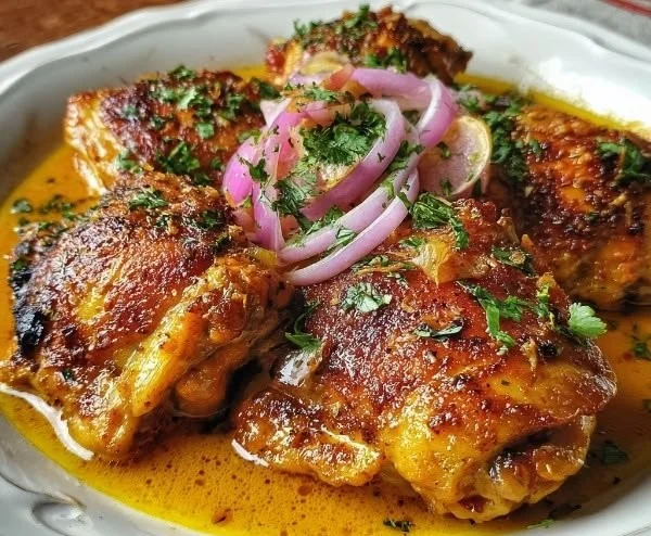 Delicious plate of Peruvian Spicy Chicken Amarillo cooked with vibrant yellow sauce.