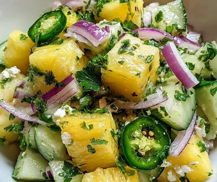 Pineapple Cucumber Salad with colorful ingredients and fresh herbs