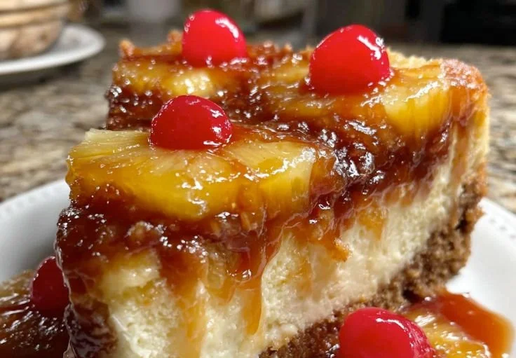 Delicious Pineapple Upside-Down Cheesecake topped with pineapple slices and cherries