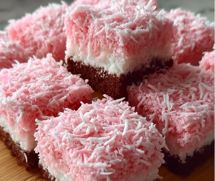 Delicious Pink Coconut Snowball Cake Bars on a decorative plate.