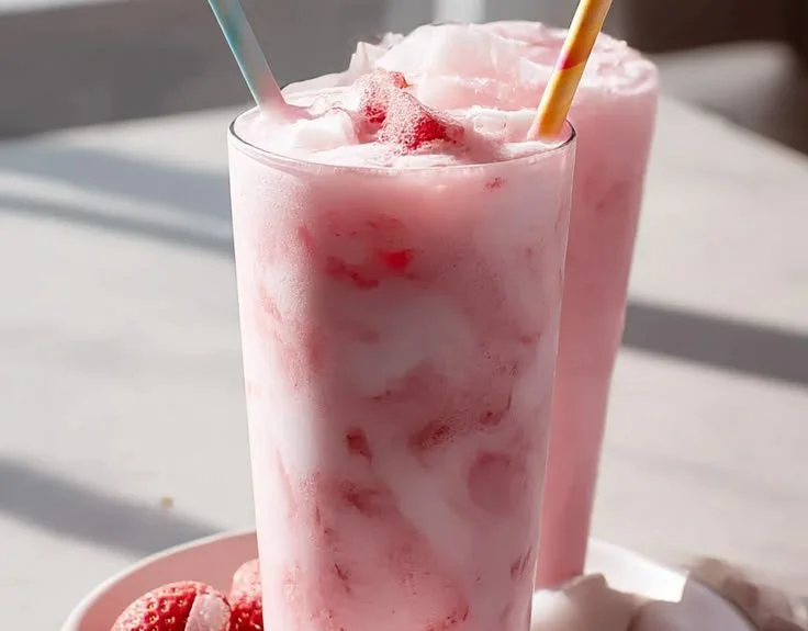Pink Strawberry Coconut Refresher in a glass with fresh strawberries and coconuts