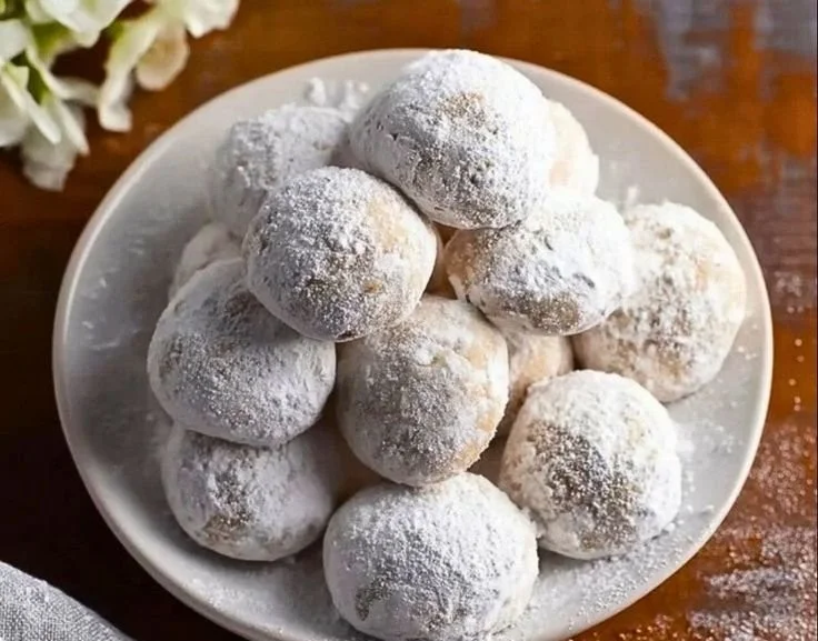 Delicious plant-based Russian Tea Cakes dusted with powdered sugar.