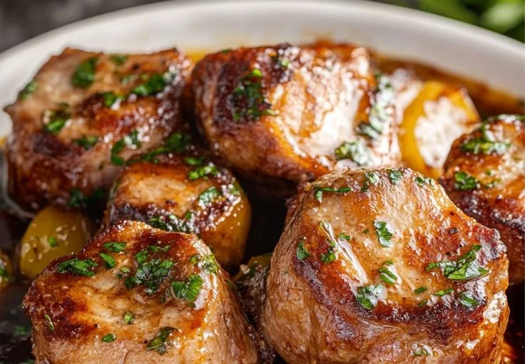 Sizzling Pork Medallions served with a savory sauce and fresh herbs.