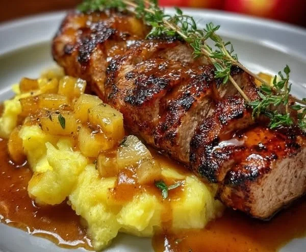Pork tenderloin with a side of homemade applesauce on a rustic plate