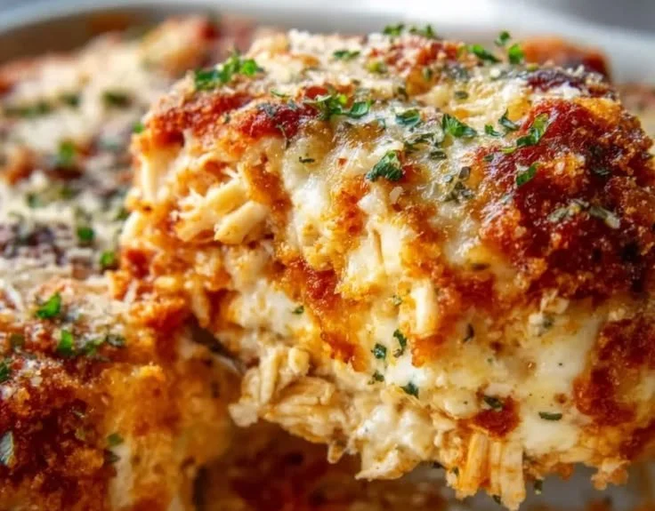 Protein-packed chicken parmesan casserole topped with melted cheese and herbs.