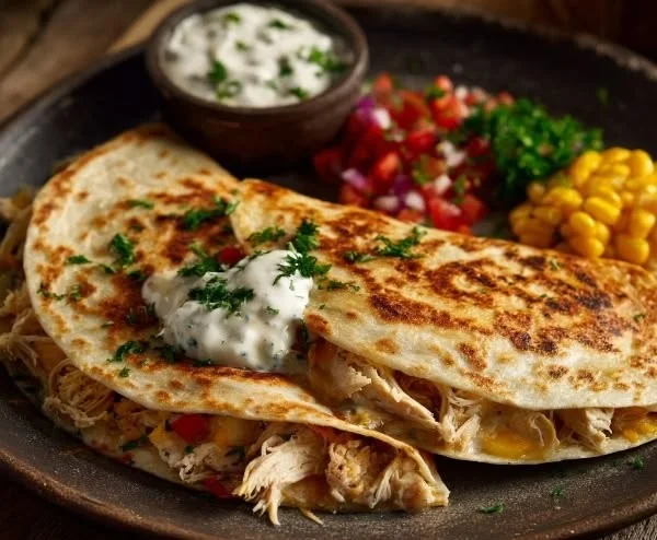 Delicious protein-packed chicken ranch quesadilla served with dipping sauce