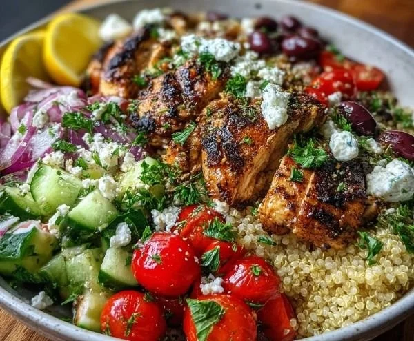 Colorful Mediterranean Chicken Bowls packed with protein and fresh ingredients