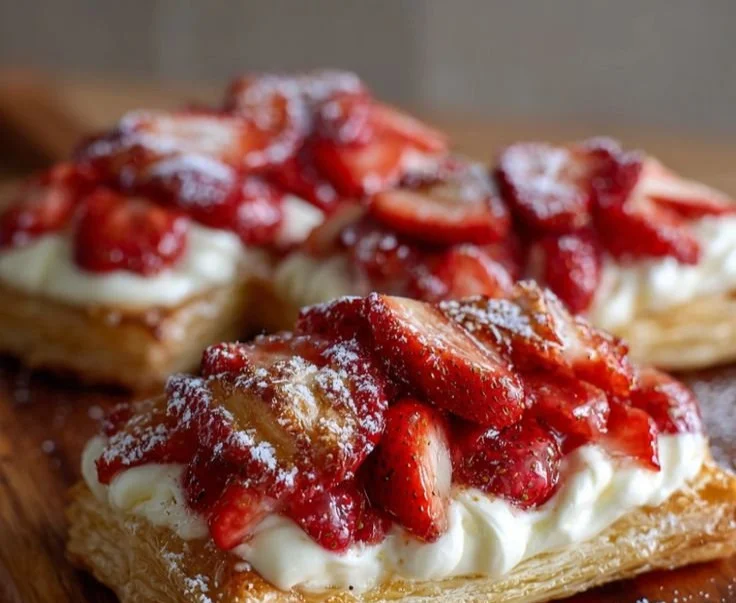 Puff pastry strawberry cheesecake topped with fresh strawberries