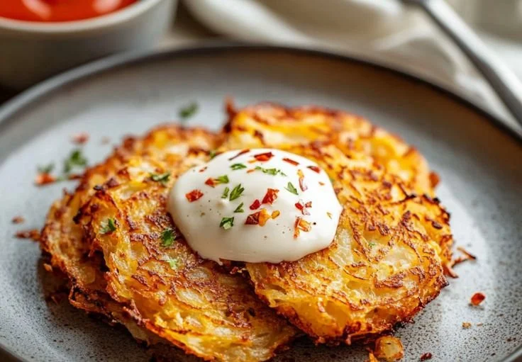 Delicious crispy hash browns on a plate ready to serve for breakfast