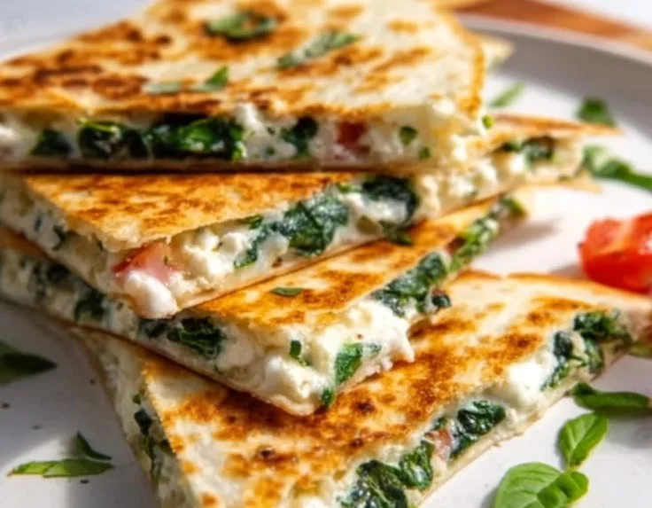 Quick Mediterranean Quesadilla with spinach, feta cheese, and mozzarella cheese