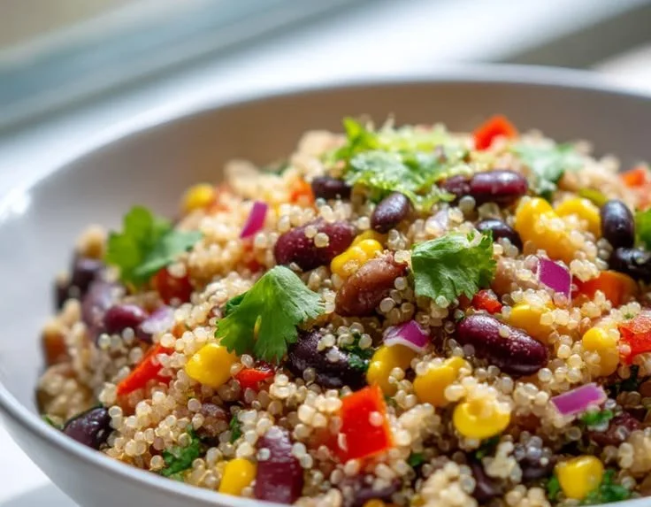 Colorful quinoa salad with beans, perfect for meal prep and freshness.