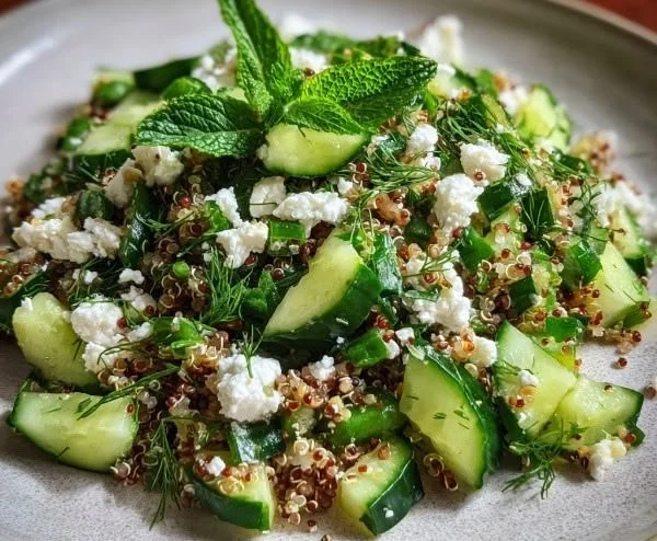 Quinoa cucumber salad with feta, dill, mint, and fresh vegetables in a bowl.