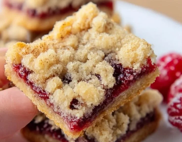 Freshly baked Raspberry Crumb Bars topped with crumbly mixture on a wooden table