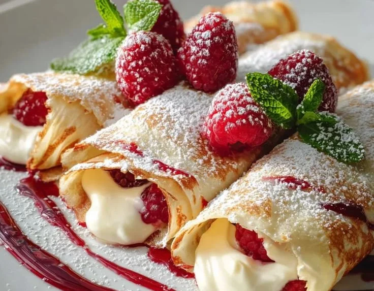 Light and fluffy Raspberry Vanilla Cream Crepes with fresh raspberries