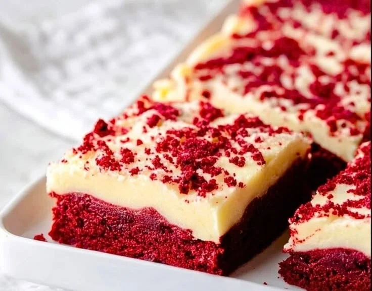 Delicious homemade Red Velvet Cookie Bars on a plate