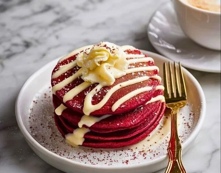 Stack of fluffy red velvet pancakes topped with cream cheese frosting