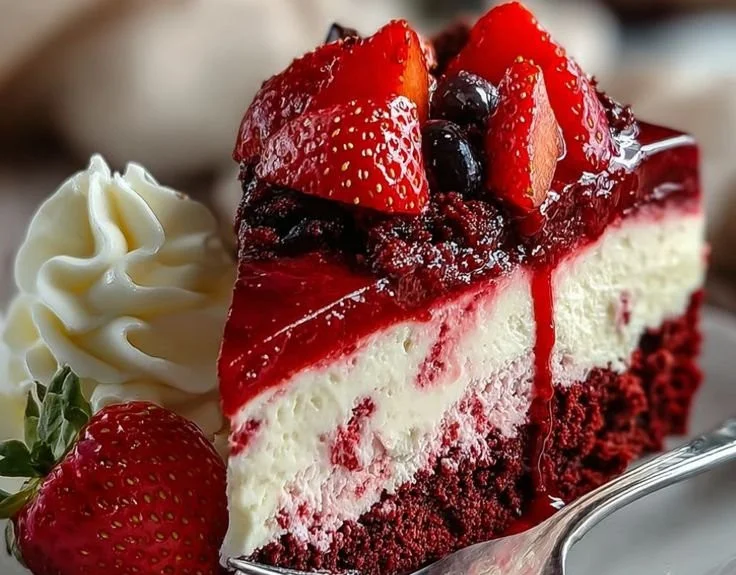 Delicious Red Velvet Strawberry Cheesecake with fresh strawberries and cream