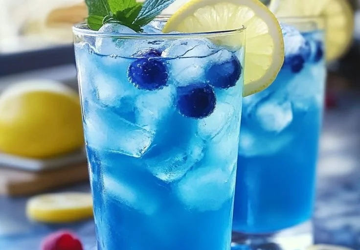 Glass of refreshing blue raspberry lemonade with ice and lemon slices