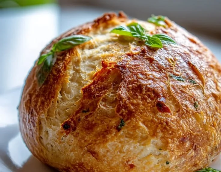 Roasted Garlic and Basil French Boule fresh from the oven