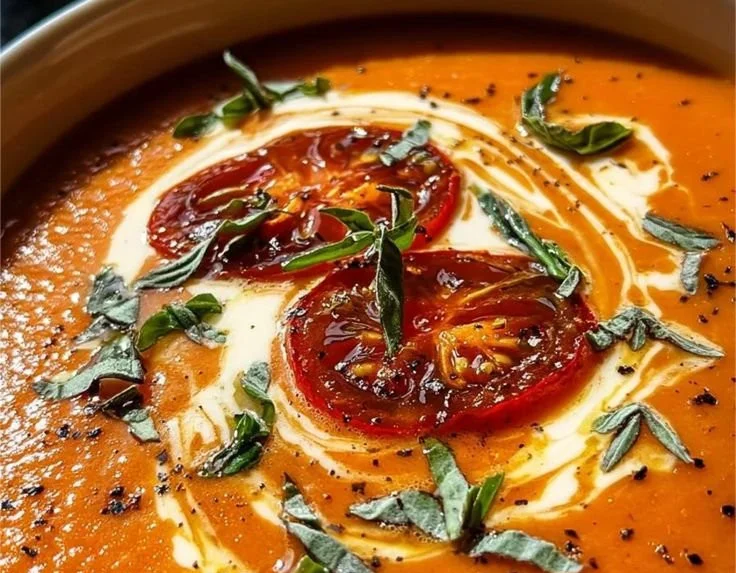 Delicious bowl of roasted garlic tomato soup garnished with fresh basil.