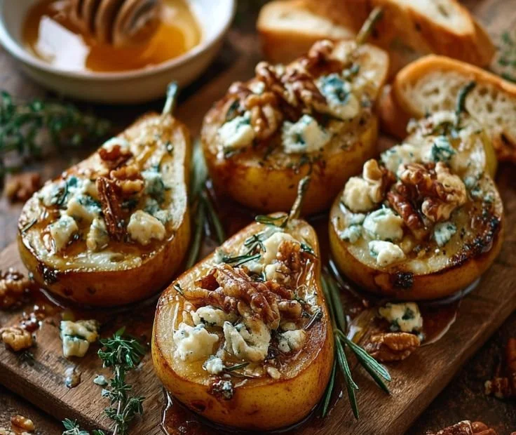 Roasted pears with goat cheese and a maple-walnut drizzle on a plate