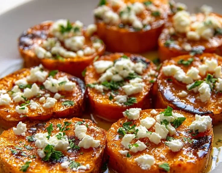 Roasted sweet potato rounds drizzled with honey and topped with feta cheese