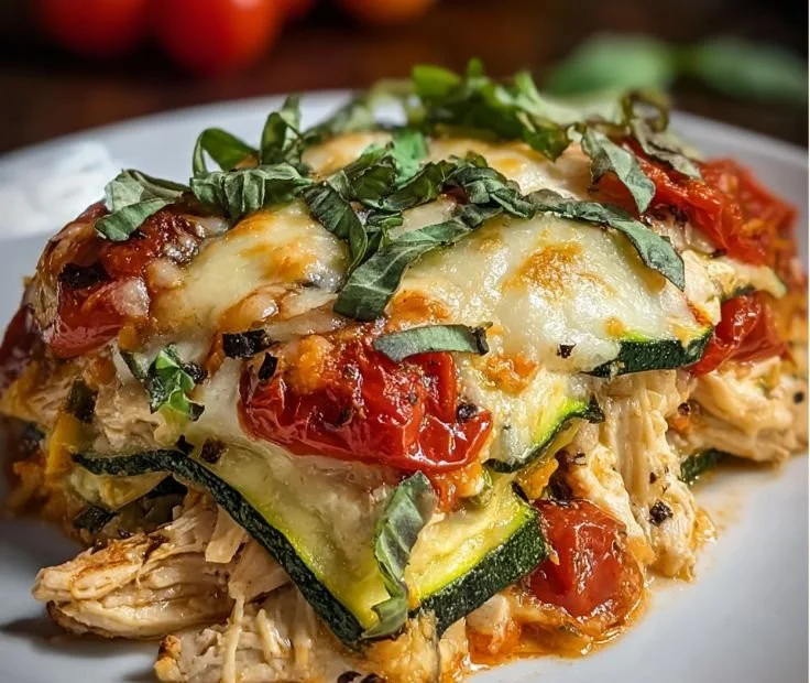 Rotisserie chicken zucchini casserole topped with cheese in a baking dish
