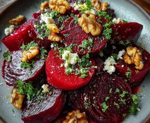 A vibrant Ruby Red Beet Salad with fresh greens and toppings