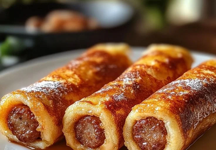 Sausage French Toast Roll-Ups prepared and served on a plate