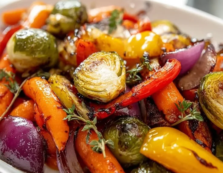 Savory balsamic glazed vegetables roasted to perfection for a delicious side dish.