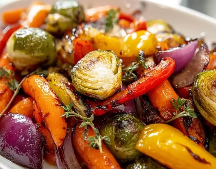 Savory balsamic glazed roasted vegetables in a serving dish.