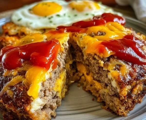 Baked cheeseburger meatloaf topped with melted cheese and served with herbs.