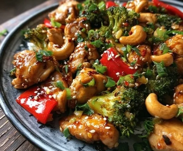 Delicious sheet pan cashew chicken served with colorful vegetables