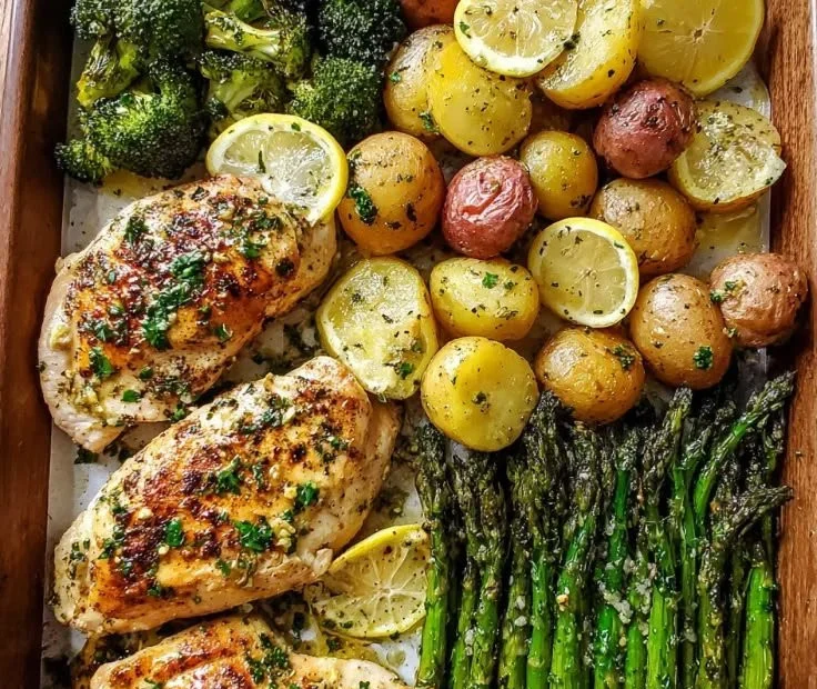 Sheet pan garlic butter chicken with colorful veggies ready for dinner